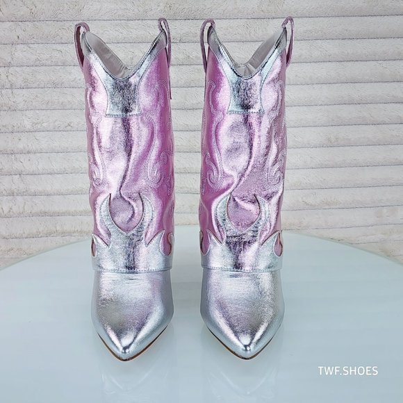 Show Off By Azalea Wang Silver Metallic Fold Over Western Wedge Ankle Boots - Picture 8 of 10